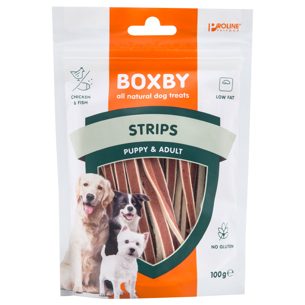 foto del prodotto boxby puppy adult strips snack per cani 100 g