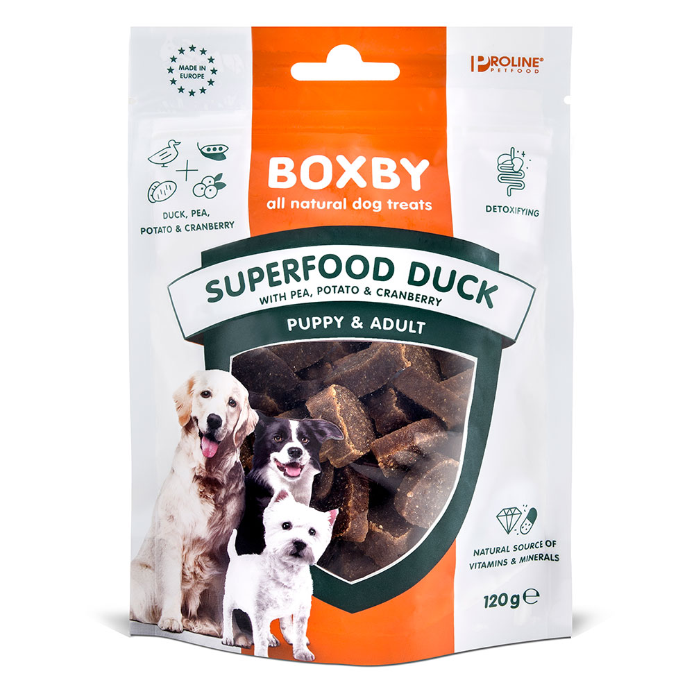 foto del prodotto boxby superfood con anatra, piselli e mirtilli rossi snack per cani 120 g