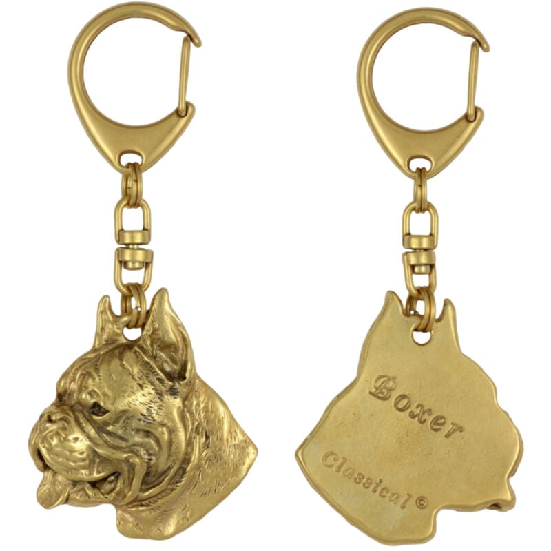 foto del prodotto boxer, boxer i portachiavi placcato oro con un cane in una scatola regalo, decorazione per borsa, accessorio di lusso di art dog