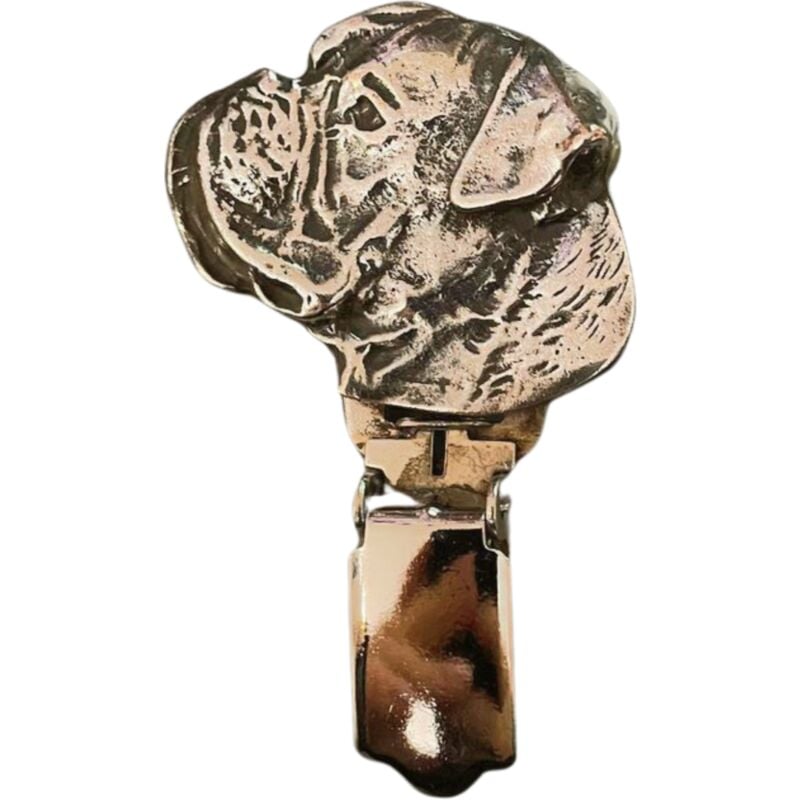 foto del prodotto boxer, boxer i spilla con clip, porta numero di partenza, distintivo argentato per esposizioni canine di art dog