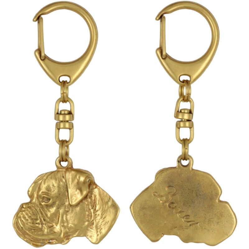 foto del prodotto boxer, boxer iii portachiavi placcato oro con un cane in una scatola regalo, decorazione per borsa, accessorio di lusso di art dog