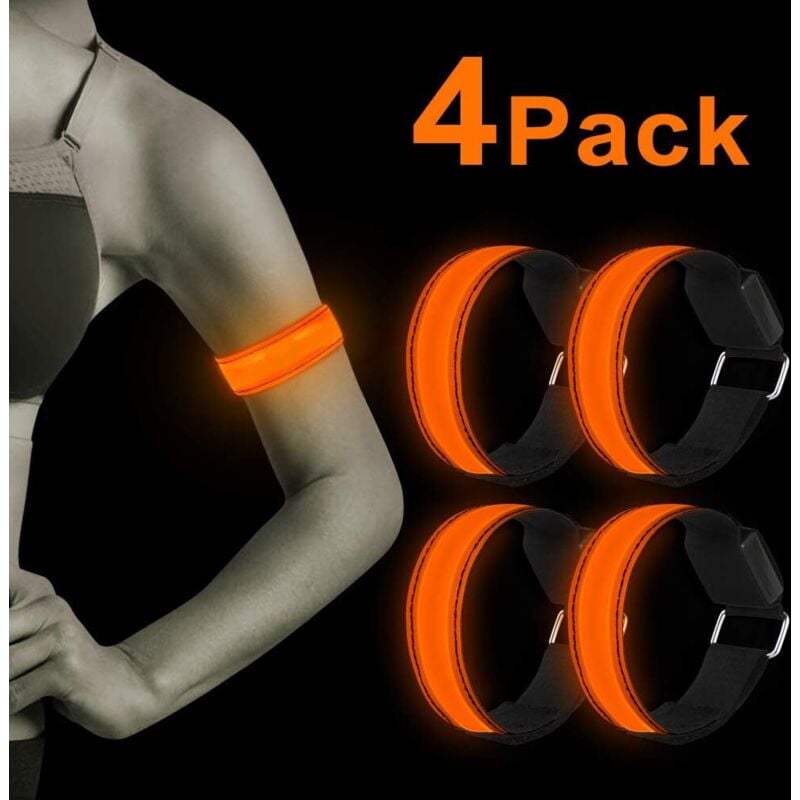 foto del prodotto braccialetto led riflettente, 4 confezioni di bracciali led riflettenti, braccialetti di sicurezza ad alta visibilità impermeabili e regolabili per sport all'aria aperta, corsa, jogging, ciclismo, cam