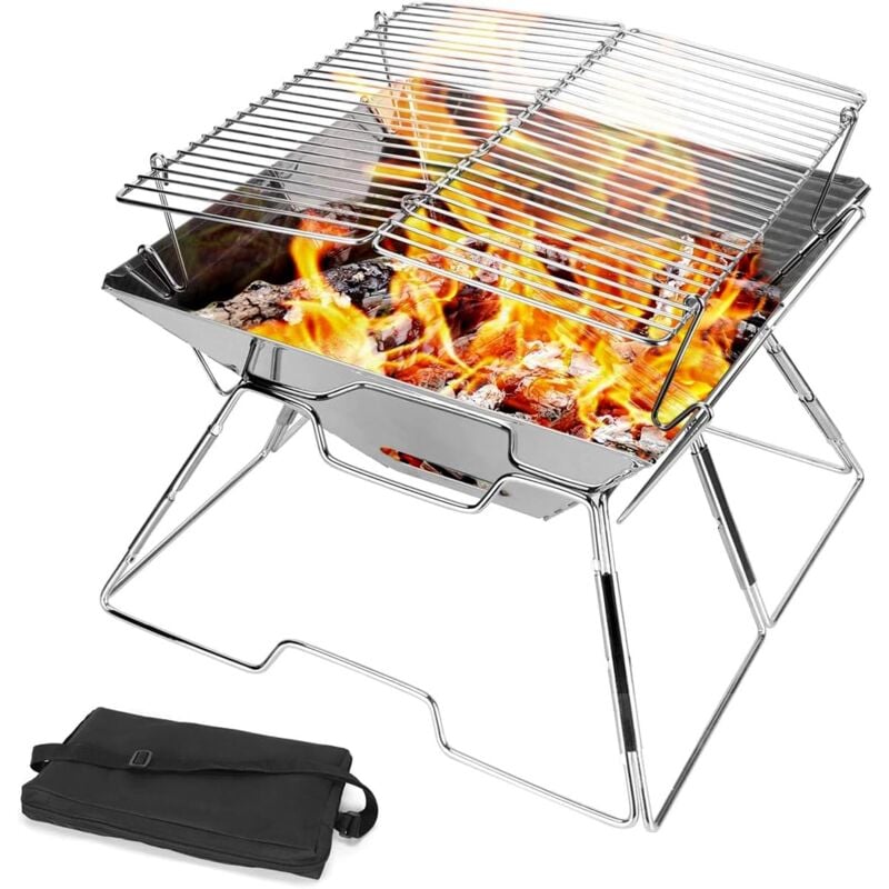 foto del prodotto braciere da campeggio pieghevole, griglia in acciaio inox 304, clip in acciaio inox, griglia da campeggio portatile resistente con borsa per il