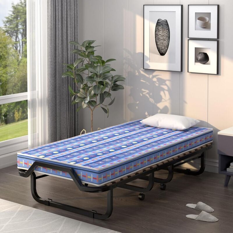 foto del prodotto brandina pieghevole con materasso 10 cm, 200 x 80 x 40cm, carico 130 kg, materasso memory, a 15 doghe, made in italy blu goplus