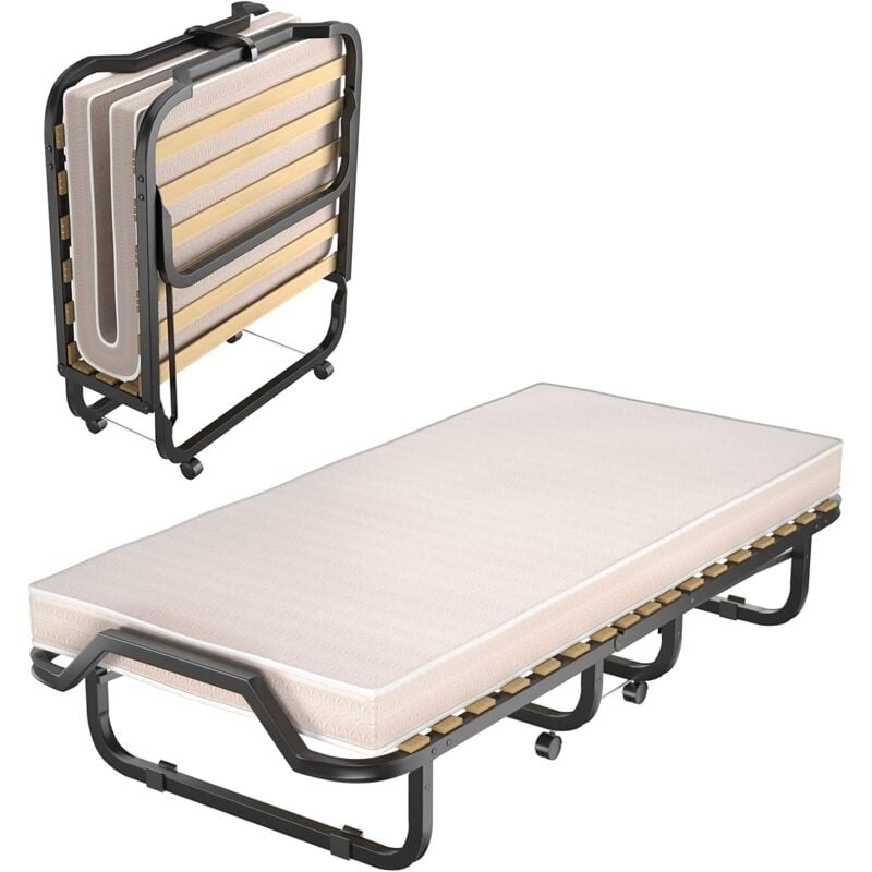 foto del prodotto brandina pieghevole con materasso, con struttura metallica resistente, materasso in memory foam, letto portatile con ruote per casa ufficio, 200 x 90
