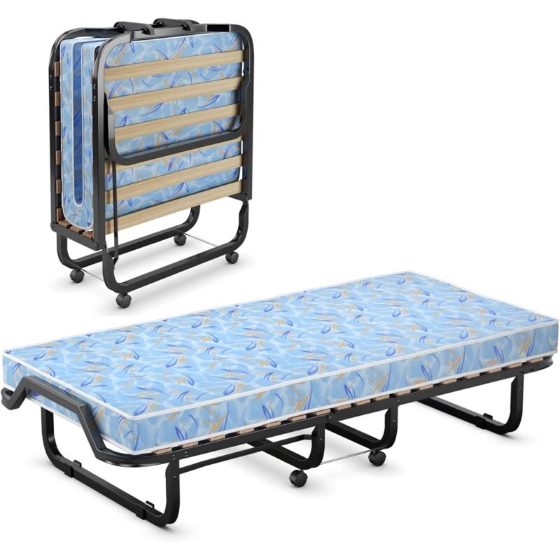 foto del prodotto brandina pieghevole con materasso, con struttura metallica resistente, materasso in memory foam, letto portatile con ruote per casa ufficio,