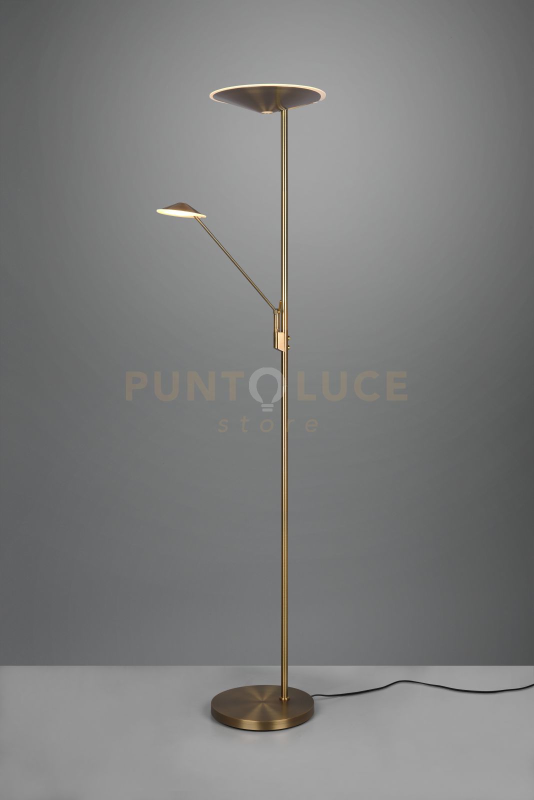 foto del prodotto brantford piantana led 30w 3500lm 6,5w 650lm, 2700 3200 4000k metallo ottone anticato con luce da lettura con interruttori touch dimmerabile h. 180cm