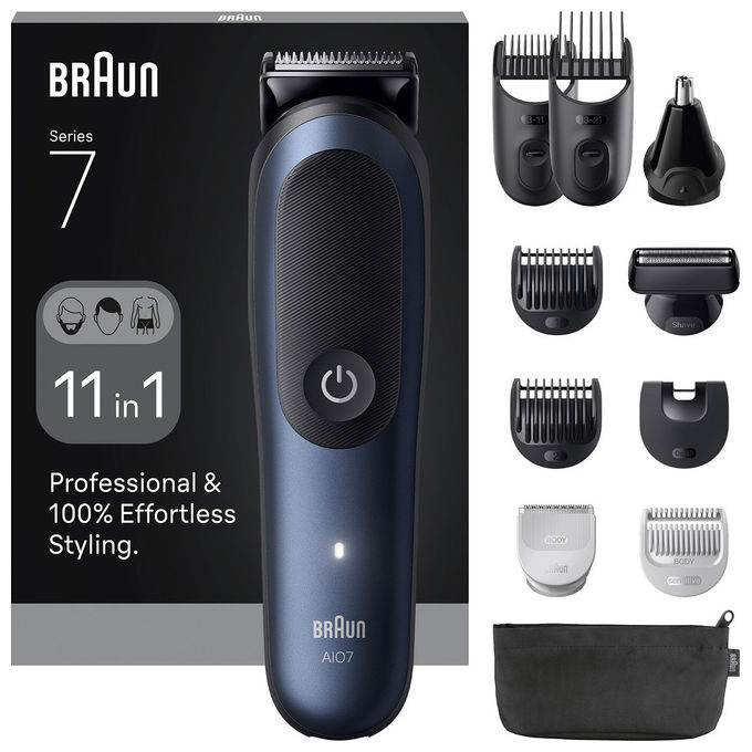 foto del prodotto braun aio7540 regolabarba e tagliacapelli 11in1 nero blu impermeabile ioni di litio