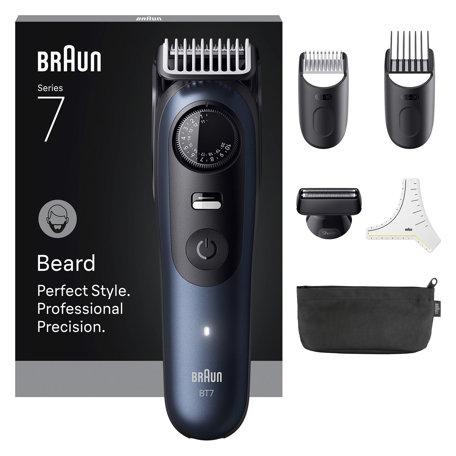 foto del prodotto braun beardtrimmer 7 bt7520 batteria 40 2 cm bagnato e secco nero, blu - 7500435244909