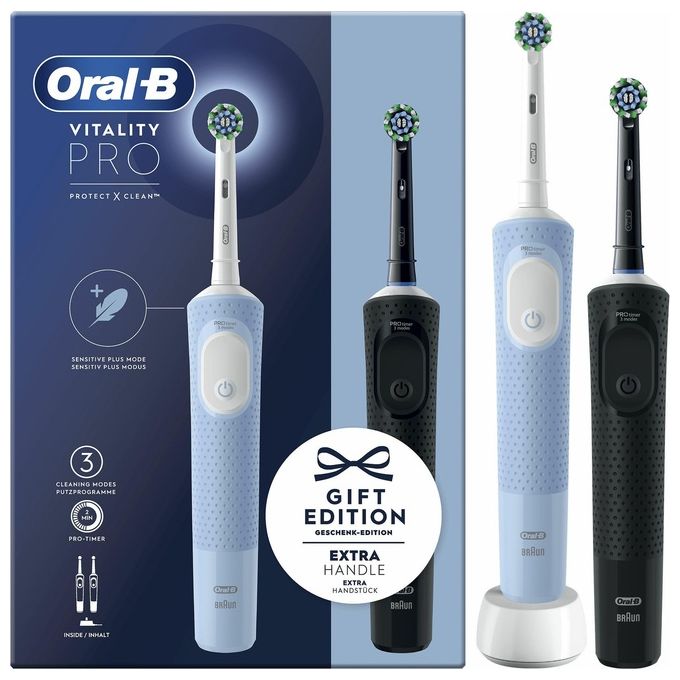 foto del prodotto braun oral b spazzolino elettrico vitality pro duo gift edition azzurro e nero