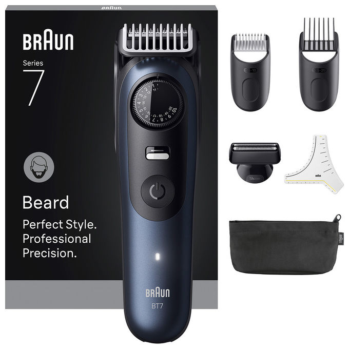 foto del prodotto braun regolabarba bt7520 nero e blu 40 lunghezze wet and dry batteria 120 min