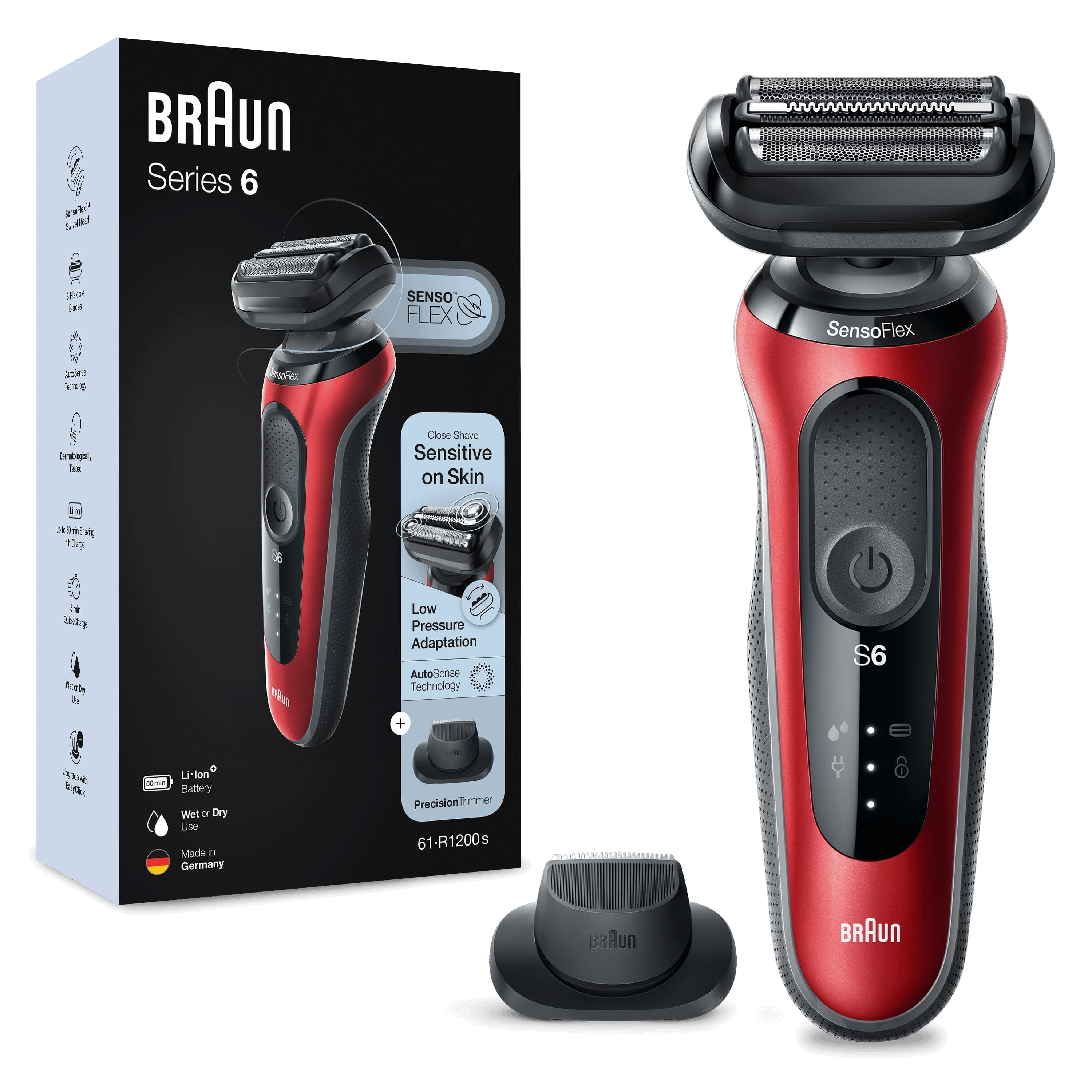 foto del prodotto braun series 6 61 r1200s rasoio elettrico uomo con accessorio rifinitore di precisione easyclick, sensoflex, wet dry, ricaricabile, rasoio a lamina senza fili, rosso