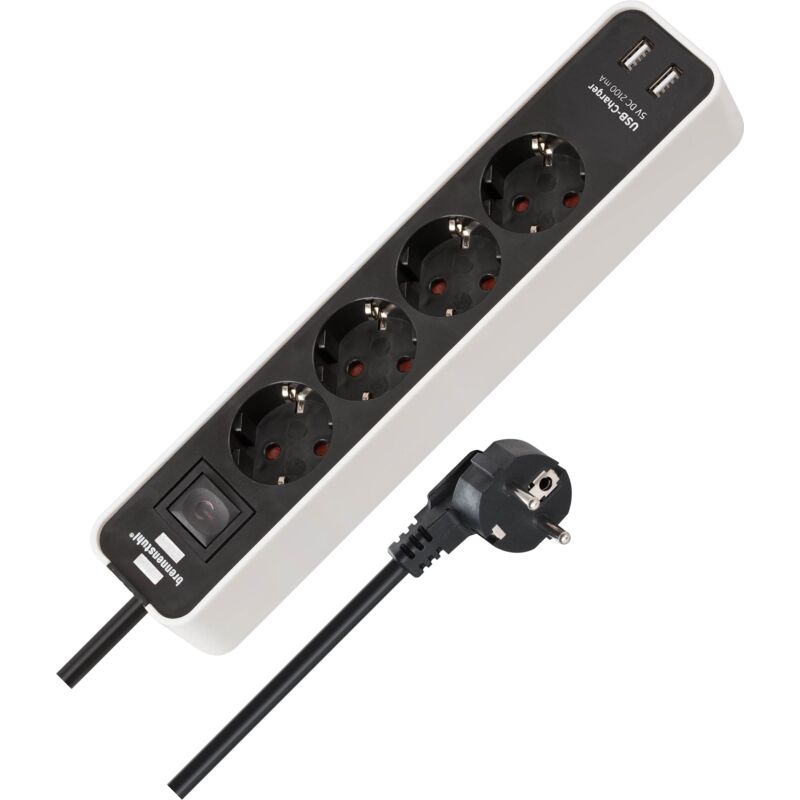 foto del prodotto brennenstuhl ecolor ciabatta elettrica a 4 prese con presa di ricarica usb presa con 2 x caricatore usb, interruttore e cavo da 1,5 m bianco nero