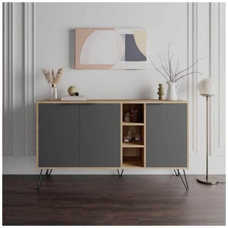foto del prodotto bricoshop24 credenza 3 ante antracite e rovere mobile piattaia con ripiani soggiorno sala