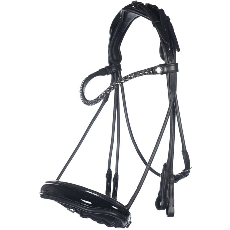 foto del prodotto briglia in cuoio con redini in cuoio e frontalino con brillanti neri modello kate pony, nero