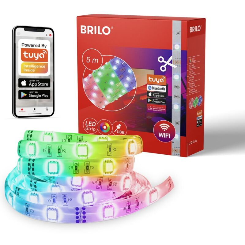 foto del prodotto brilo ner striscia led rgb 5m, striscia led intelligente accorciabile, controllo app, sensore musicale, controllo vocale, striscia led, barra
