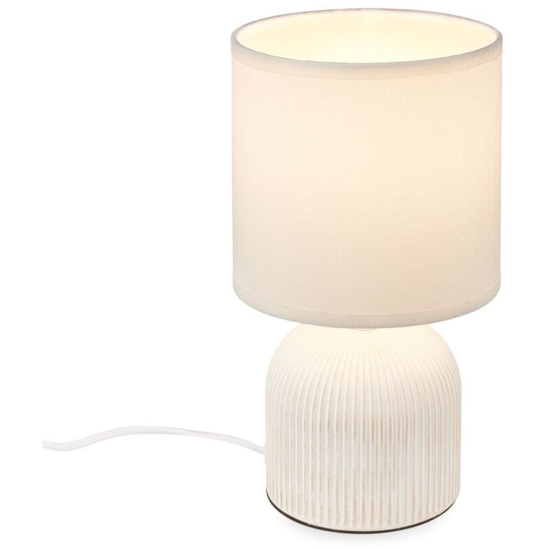 foto del prodotto briloner ino, lampada da tavolo, paralume in tessuto, interruttore a cavo, base in ceramica, bianco, 15 x 28 cm