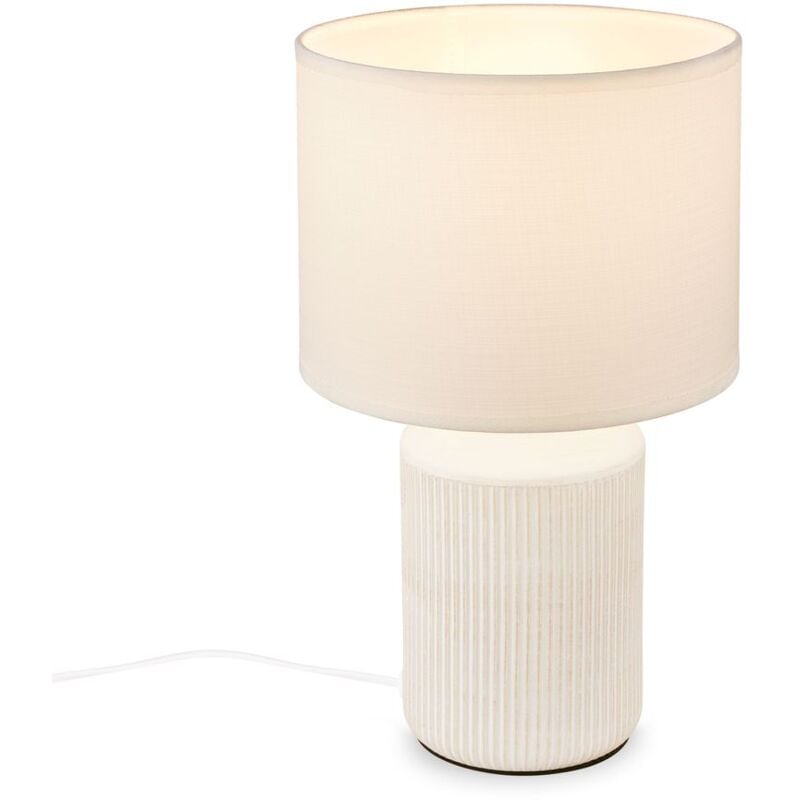 foto del prodotto briloner ino, lampada da tavolo, paralume in tessuto, interruttore a cavo, base in ceramica, bianco, 22 x 37,5 cm