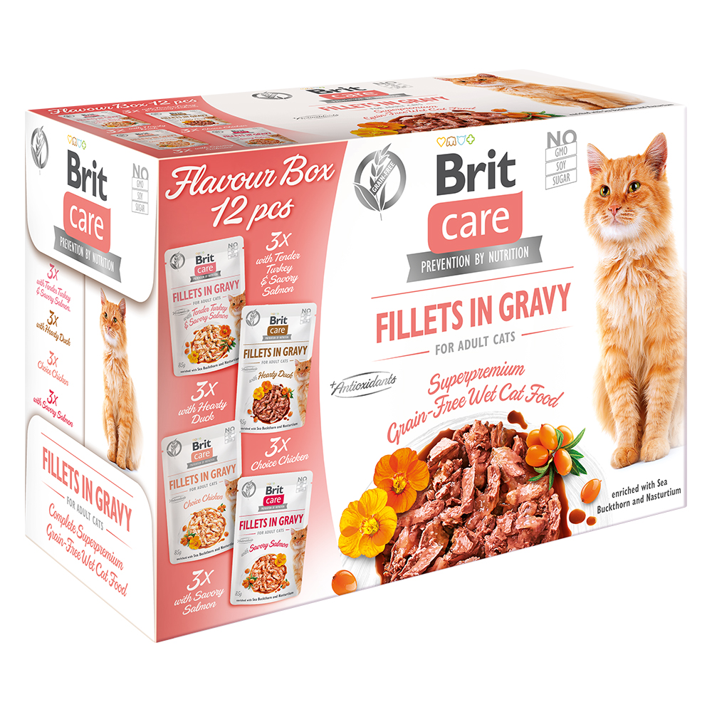 foto del prodotto brit care cat fillets in salsa pacco misto 12 x 85 g umido per gatti mix tacchino salmone, pollo, anatra, salmone