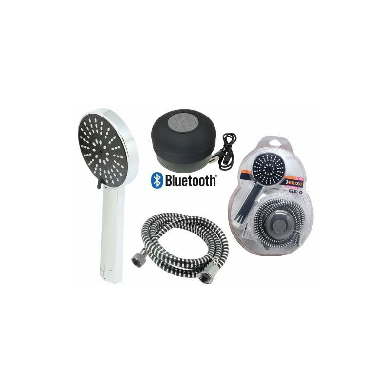 foto del prodotto brixo kit da bagno doccietta regolabile con tubo cromato e cassa bluetooth impermeabile per musica doccia music cromo