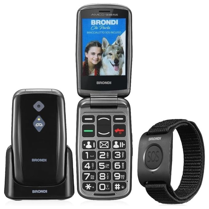 foto del prodotto brondi amico sicuro plus 2.8'' dual sim sos black metal con base di ricarica e braccialetto sos