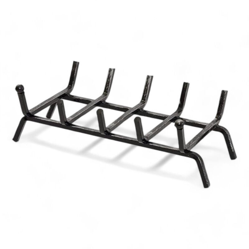 foto del prodotto brucialegna in ferro battuto verniciato per camino con design a sfera e cinque barre dimensioni 50x30x15 cm resistente ed elegante
