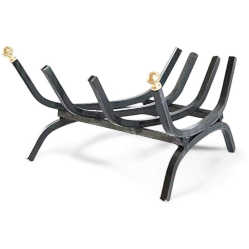 foto del prodotto brucialegna triangolare in ferro battuto nero per camino con pomoli in ottone dimensioni 45x31x20 cm robusto e decorativo