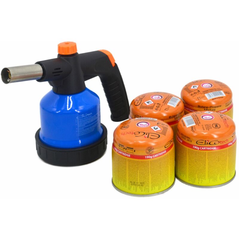 foto del prodotto bruciatore a gas deelico con accensione piezoelettrica, inclusa cartuccia di gas de 190 g e 4 ricariche, temperatura massima de 1300 c, fiamma