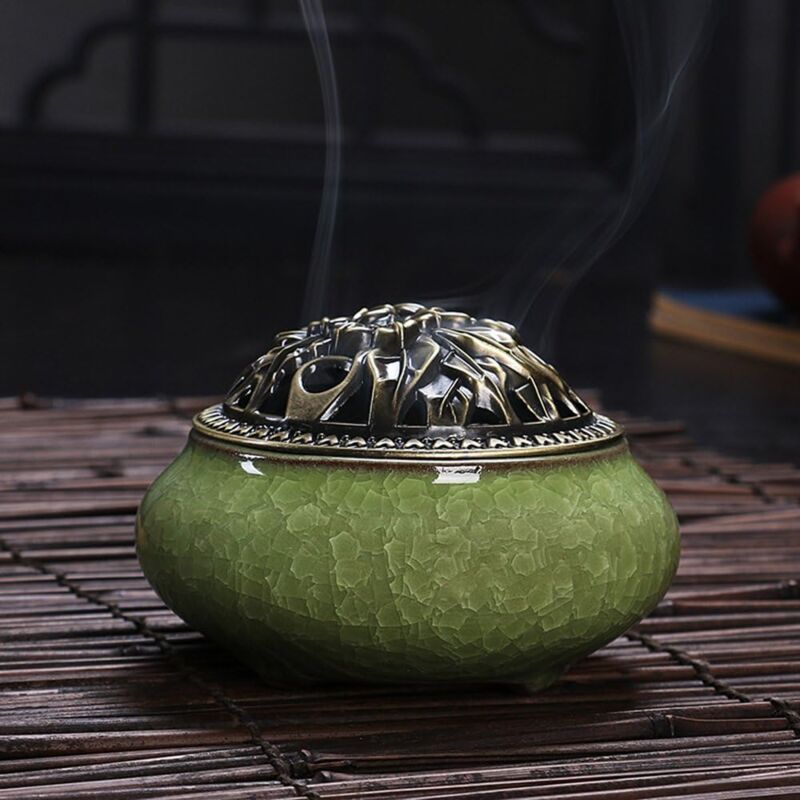 foto del prodotto bruciatore d incenso in ceramica e coperchio, aromaterapia per bastoncini d incenso o coni d incenso, ciotola portacenere a spirale, accessorio