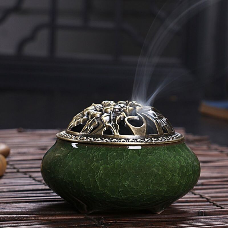 foto del prodotto bruciatore d incenso in ceramica e coperchio, aromaterapia per bastoncini o coni d incenso, ciotola portacenere a spirale, accessorio decorativo per