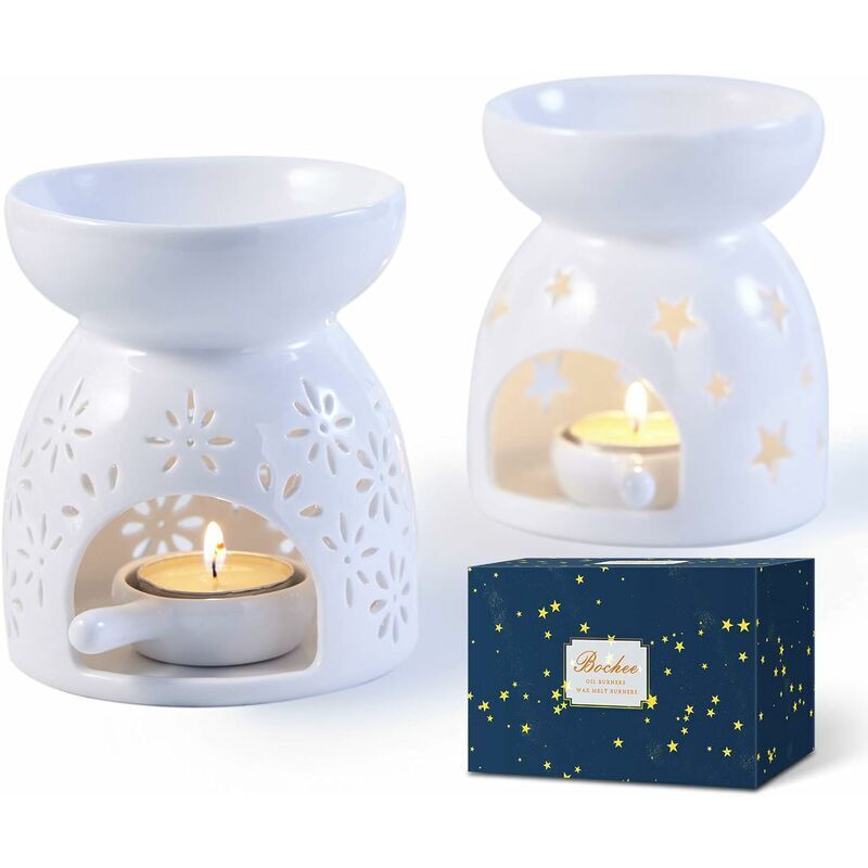 foto del prodotto bruciatore di candele in ceramica, set da 2 motivo a stelle e fiori, aromaterapia, bruciatore di oli essenziali con portacandele, per decorazione