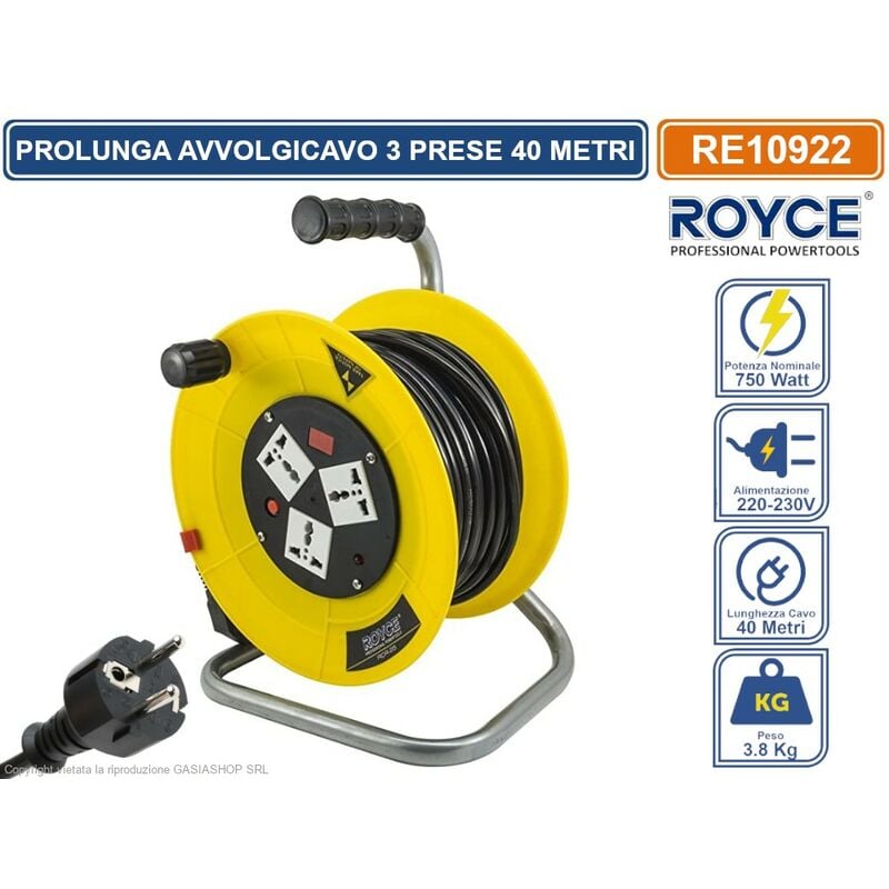 foto del prodotto bs prolunga avvolgicavo 40 metri 750w con 3 attacchi universali 16a e spina schuko