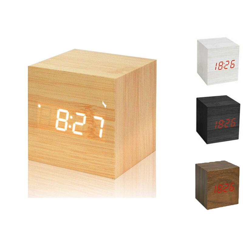 foto del prodotto bs sveglia da comodino cubo digitale orologio tavolo display led effetto legno 1293