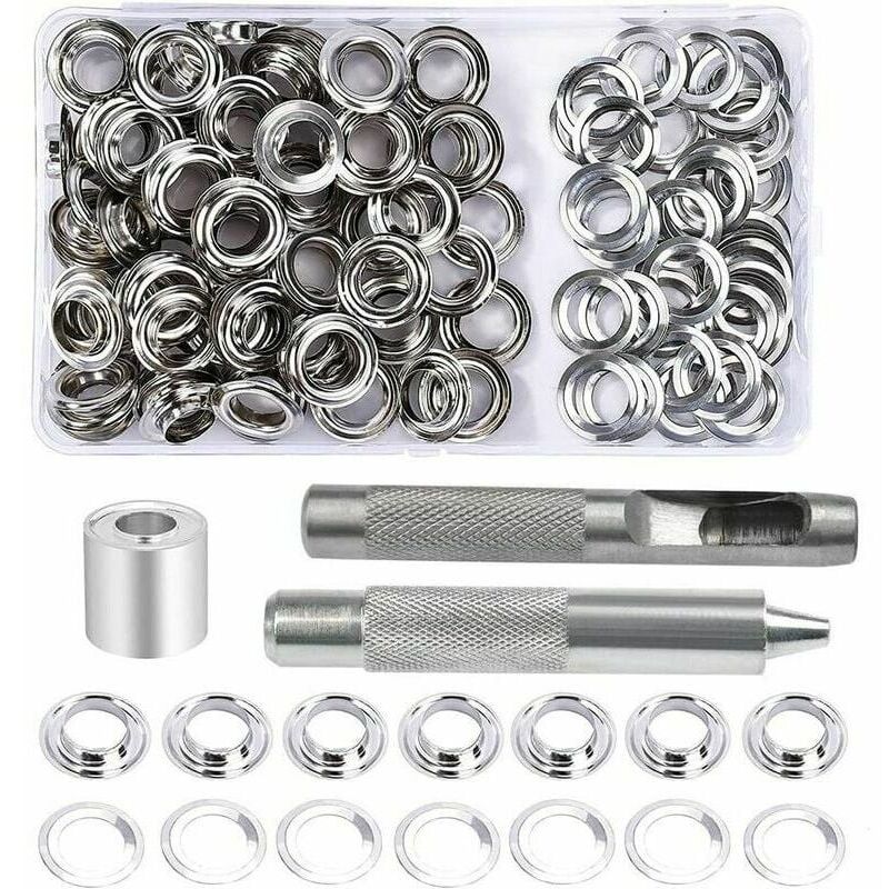 foto del prodotto bsr set di occhielli, 100 set di occhielli da 12 mm, kit di riparazione teloni con 3 utensili per occhielli, set di occhielli per teloni, tessuti,