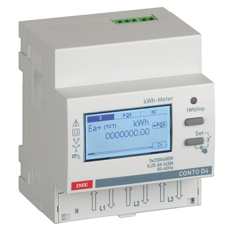 foto del prodotto bticino contatore di energia attiva reattiva trifase 4 fili ta 5 63a con display per guida din conto d4 pt ime ce4tb0pcl1