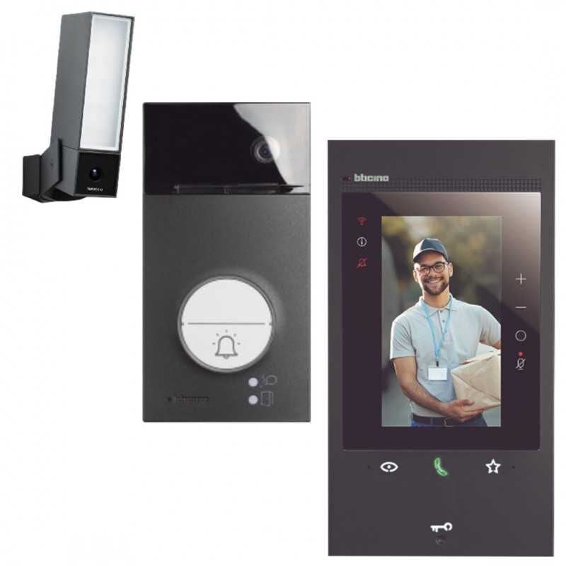 foto del prodotto bticino kit videocitofono 2 fili wifi touch nero 300eos con pulsantiera nera linea 3000 e videocamera netatmo