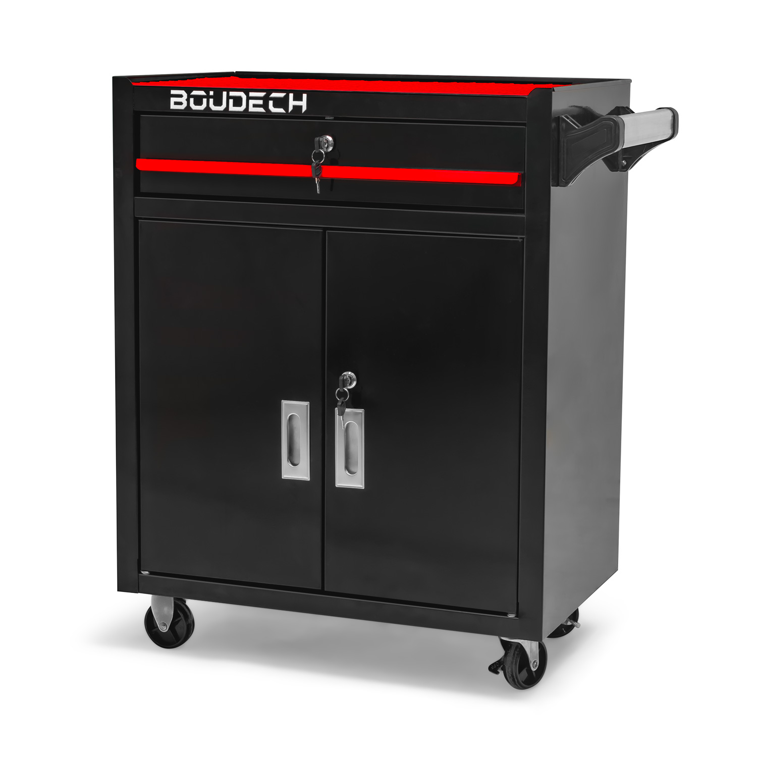 foto del prodotto buddy carrello da officina a due ante con cassetto e serratura, armadietto da garage con ruote autobloccanti, superficie di lavoro con tappetino antiscivolo