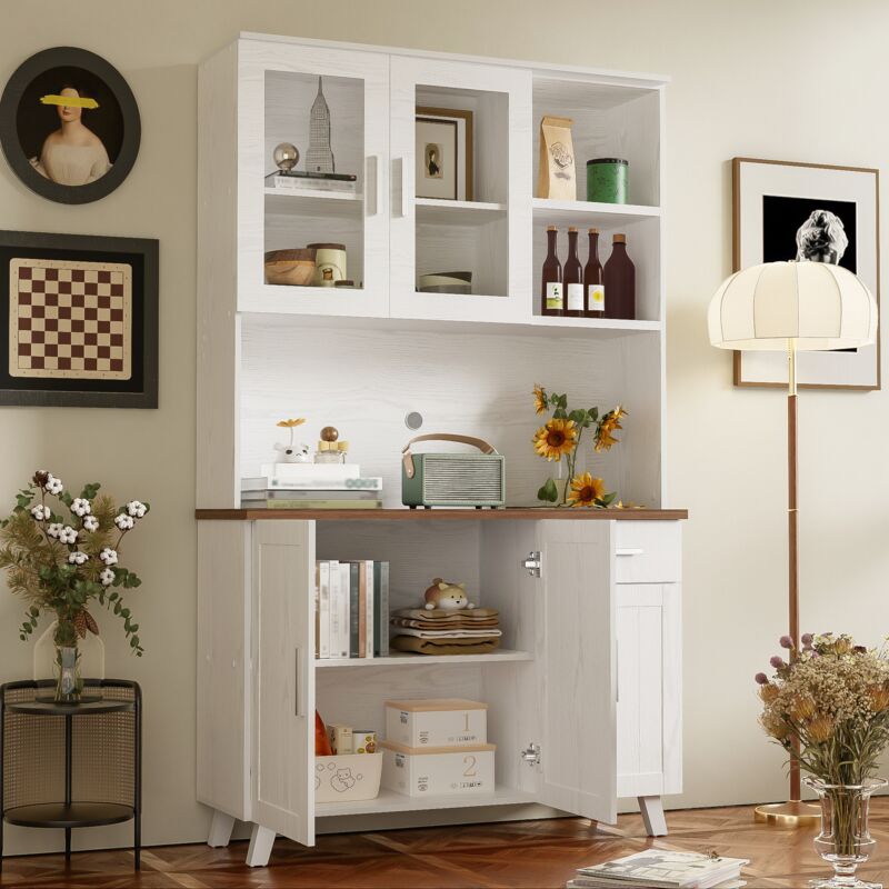 foto del prodotto buffet 114x40x190 con 5 porte e scaffali di stoccaggio aperti, 1 cassetto, truciolato, bianco.