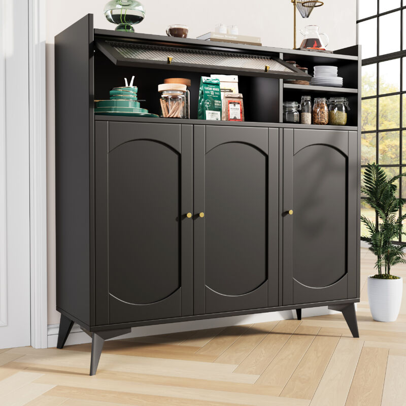 foto del prodotto buffet 120 x 39,8 x 118,5 cm con 3 porte battenti e 1 porta a ribalta in vetro, vano portaoggetti, mdf, nero