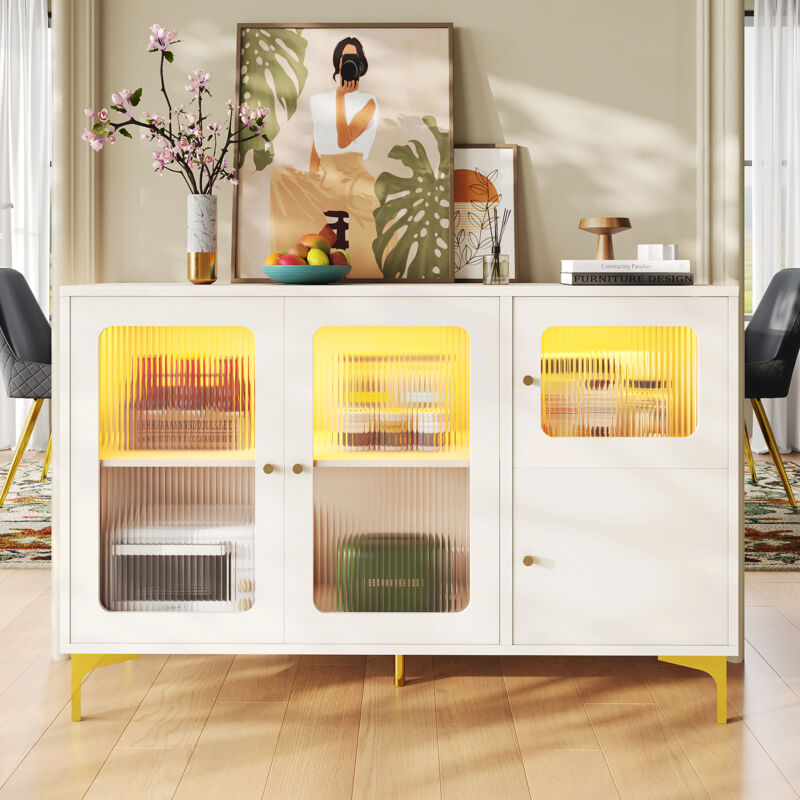 foto del prodotto buffet 140x40x90cm, vetrina con illuminazione d ambiente integrata, porta vetrata e grande spazio di stoccaggio, bianco