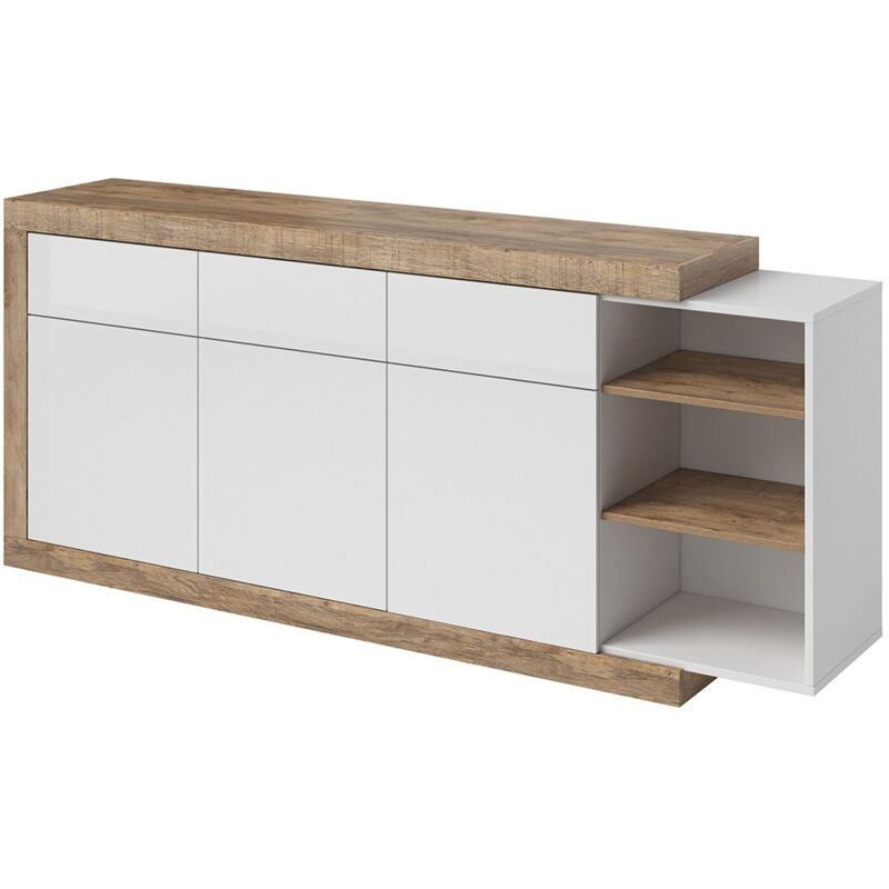 foto del prodotto buffet 200cm color quercia e bianco lucido con numerosi vani di stoccaggio collezione sinatra.