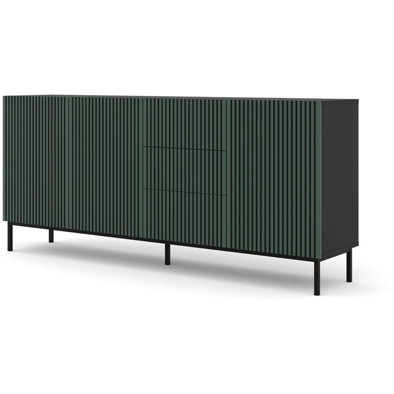 foto del prodotto buffet 3 ante 3 cassetti phila corpo nero opaco frontali fresati verdi e neri piedini neri 89cm