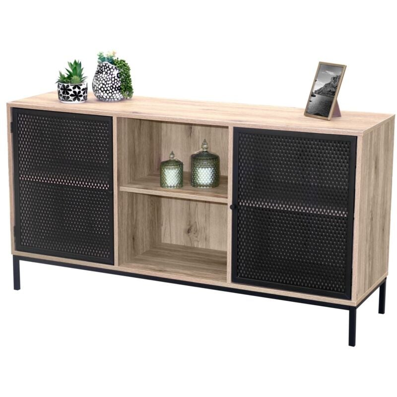 foto del prodotto buffet a 2 ante con griglia in metallo nero colore rovere chiaro, dimensioni 100x40xh75 cm collezione metalix
