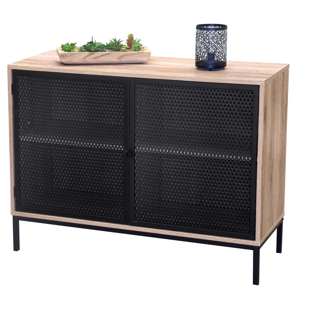foto del prodotto buffet a 2 porte con griglia in metallo nero colore rovere chiaro, dimensioni 100x40xh75 cm collezione metalix