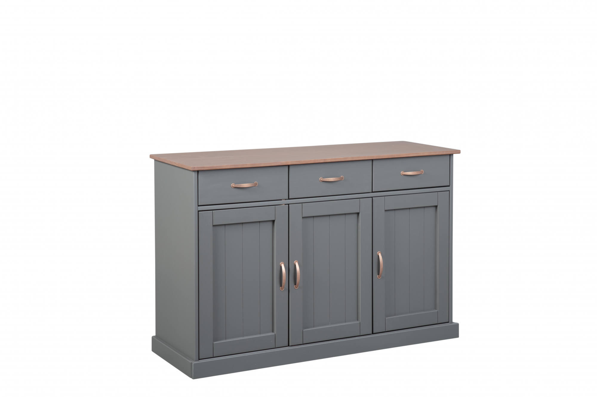 foto del prodotto buffet a 3 ante e 3 dmalnat, in pino massello verniciato grigio con top e finiture color marrone, 131x45x86 cm