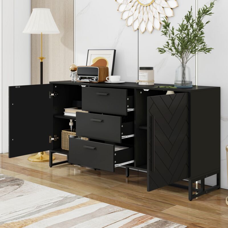 foto del prodotto buffet con 2 porte e 3 cassetti, cassettiera, mobile da stoccaggio, sala da pranzo cucina soggiorno, 145x40x75cm, nero