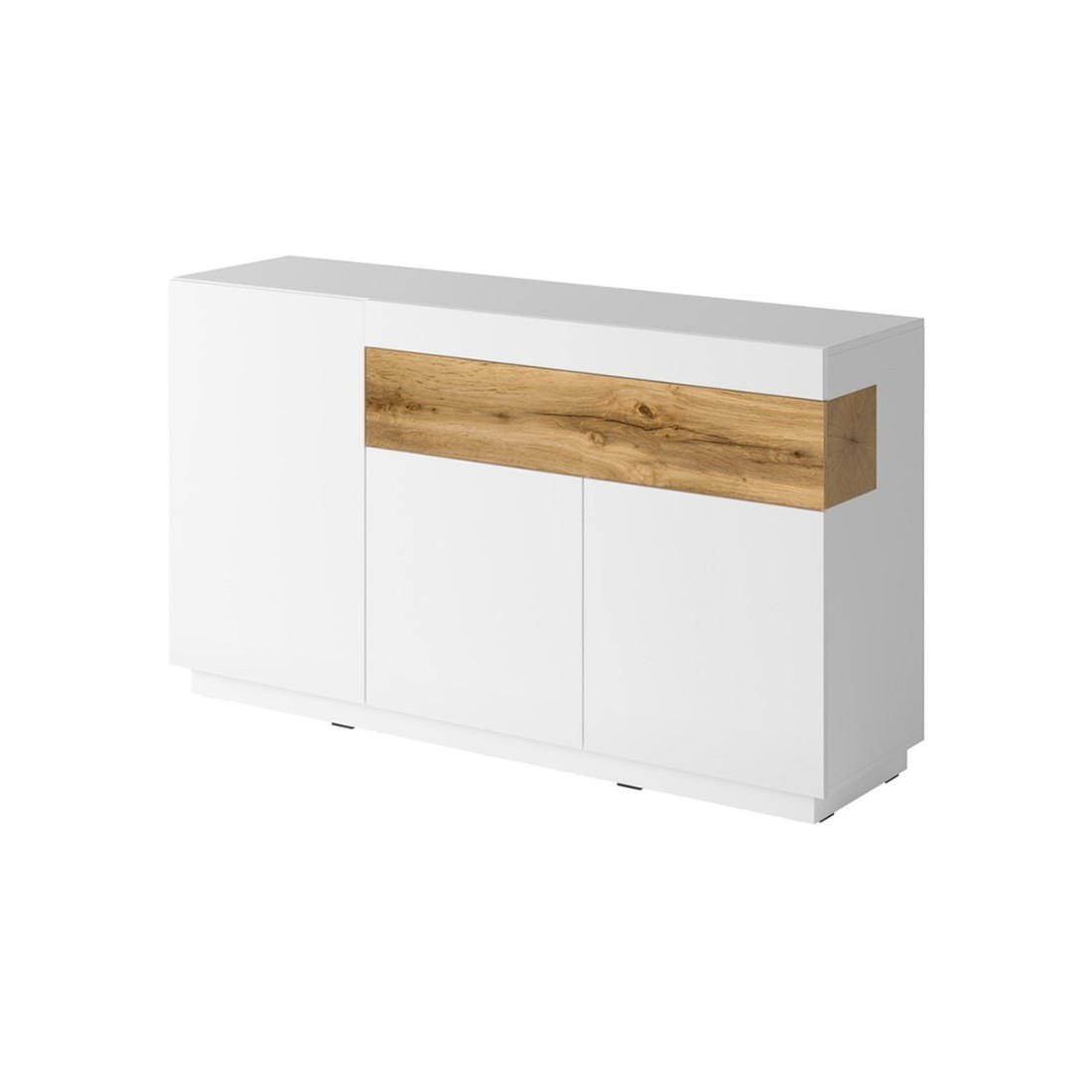 foto del prodotto buffet, credenza, enfilade kiles con tre porte e un cassetto. colori bianco e rovere. stile design.