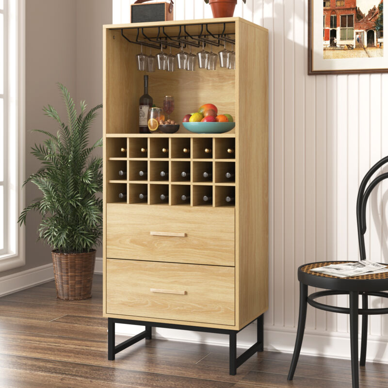 foto del prodotto buffet, mobile bar per vino, 2 cassetti, 18 scomparti per bottiglie di vino e portabicchieri gambe in metallo nero, naturale