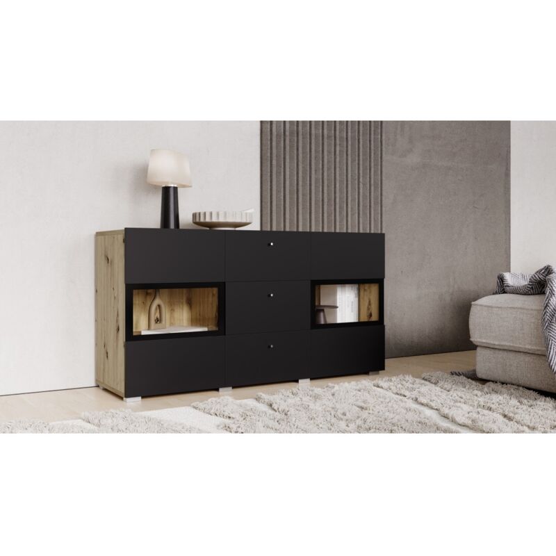 foto del prodotto buffet ramos 130 cm rovere e nero super opaco 2 porte in vetro e 3 cassetti senza led