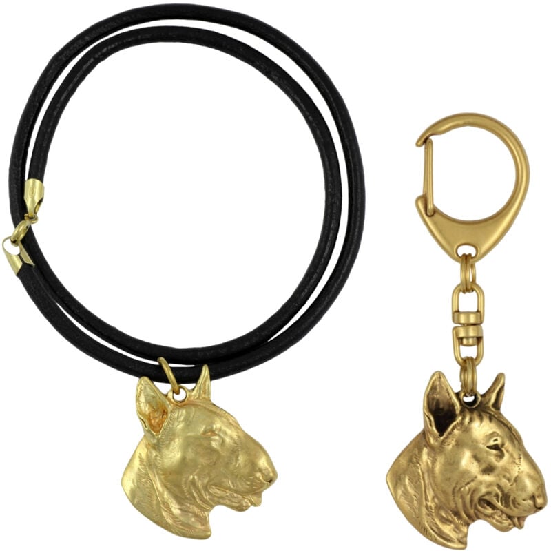 foto del prodotto bull terrier, bull terrier iii - portachiavi e collana con un cane in una scatola, prodotto placcato oro di alta qualità, marchio art-dog